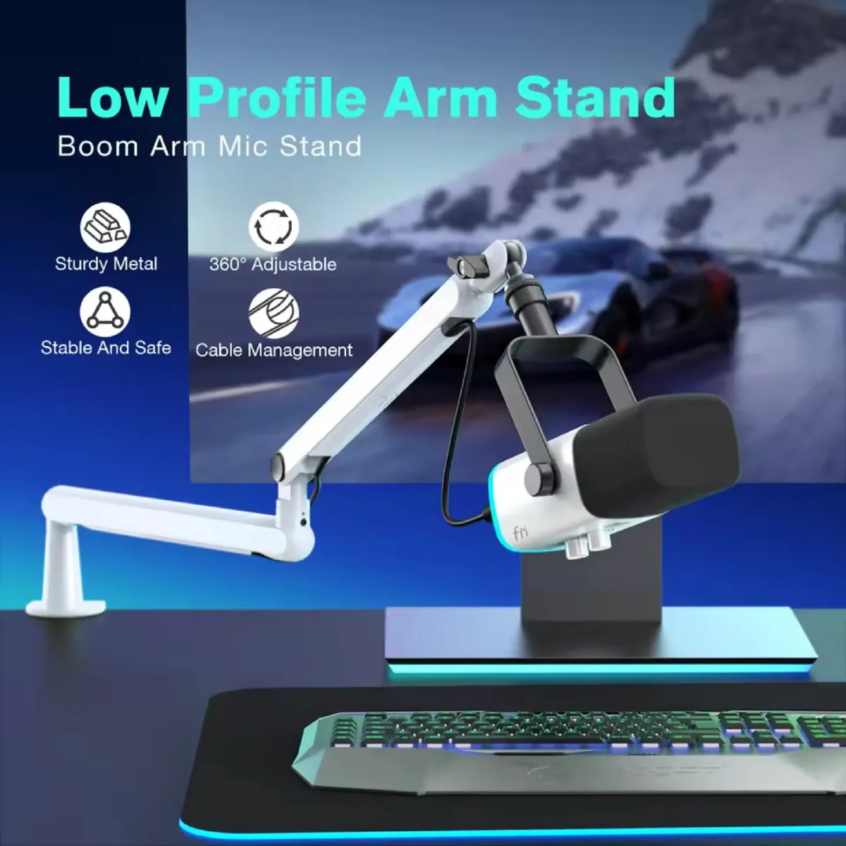 แขนจับไมค์ FIFINE BM88W LOW-PROFILE MICROPHONE ARM STAND WITH CABLE CHANNELING (White)